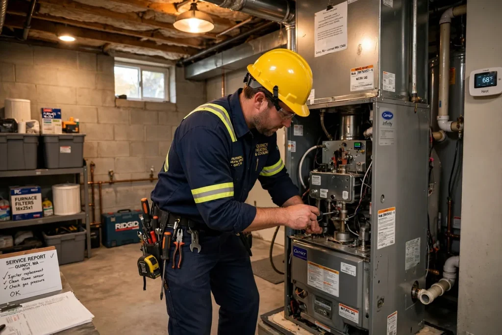 Furnace repair technician working on a gas furnace in Quincy, MA