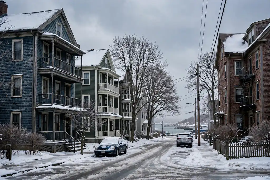 Older triple decker homes on a snowy street in Quincy, MA