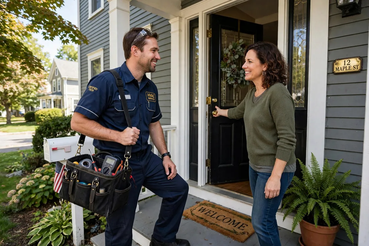 Heating technician arriving at a Quincy, MA home